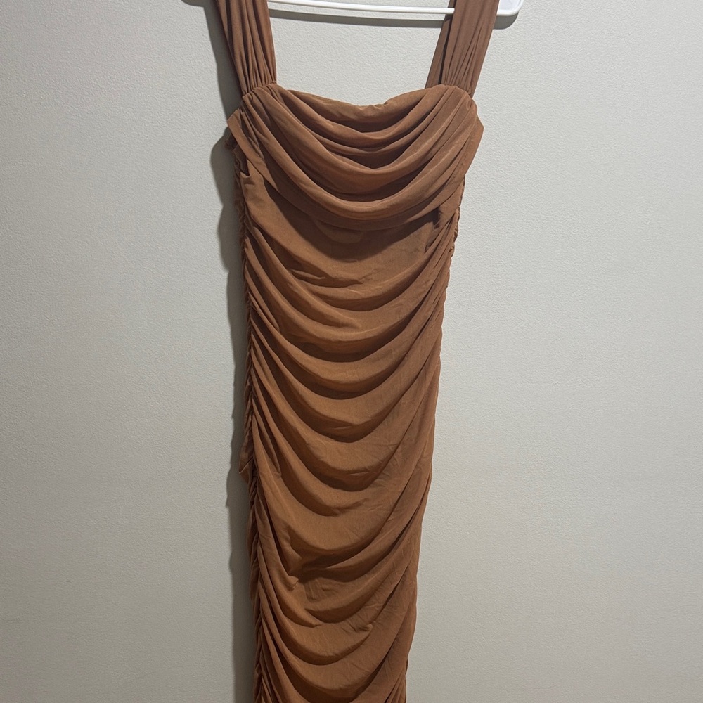 Chic Draped Tan Midi Dress